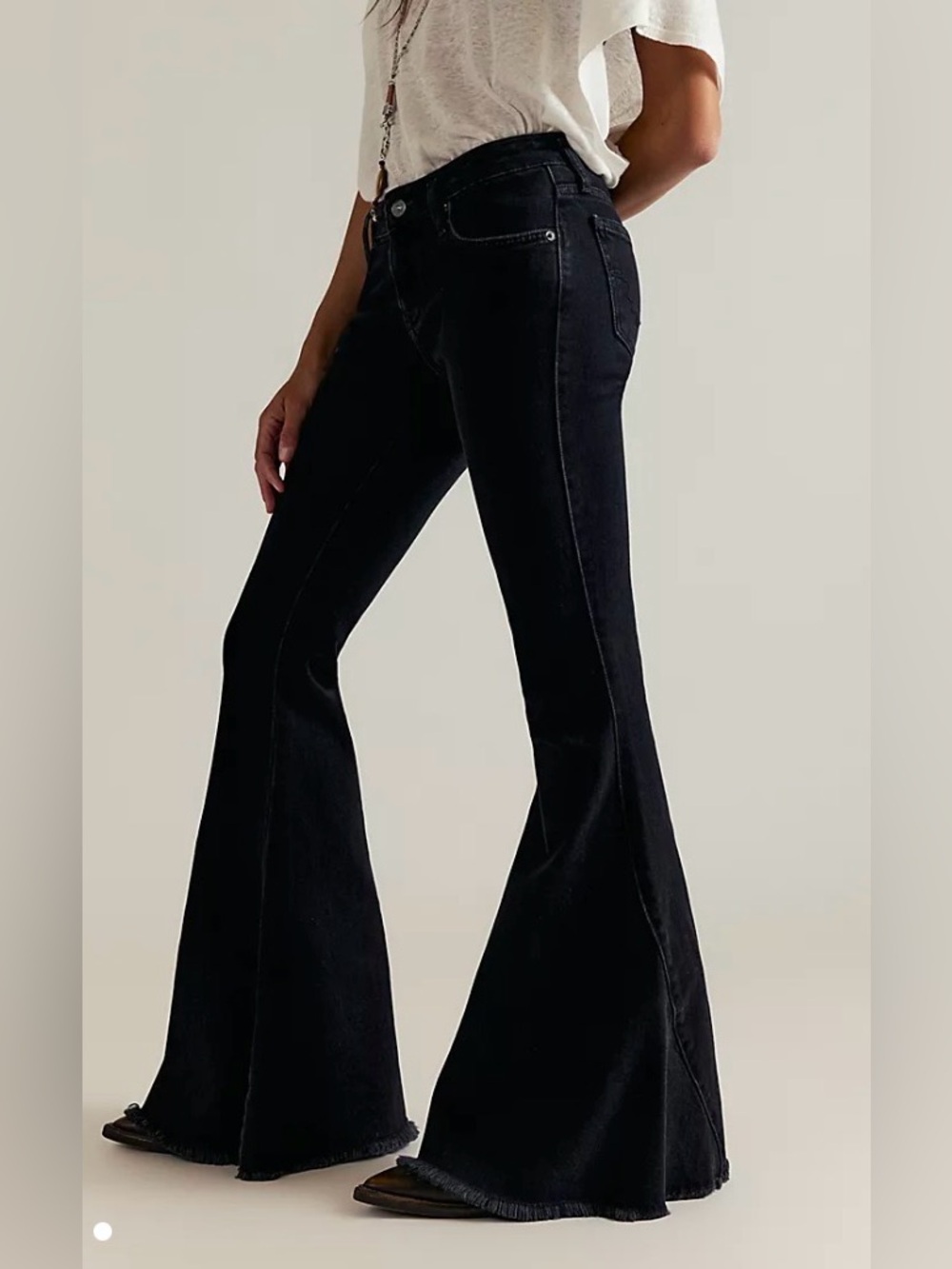 Free People We The Free Emre Black Flare Jeans dramatic flare leg, frayed hem 28